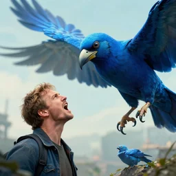 a cinematic poster photo of 8 k ultra realistic man yelling at a giant blue bird, exotic, cinematic lighting, trending on artstation, 4 k, hyperrealistic, focused, high details, unreal engine 5, cinematic,, 3 d render by beeple