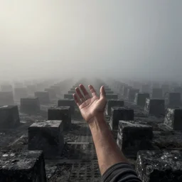 arm reaching out of thick fog, symetrical rows of stone blocks in far distance, zdzislaw beksinski