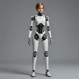 color studio photo of an android that looks like emma watson, detailed, full body, machine, robot hybrid