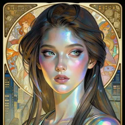 holographic cyberpunk woman in a city, high detail, curious eyes, blended shading, in the style of alphonse mucha and andree wallin and ruan jia and ross tran, artstation, half body face portrait
