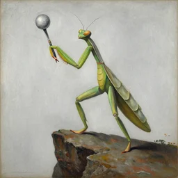 man wearing a praying mantis costume standing on a cliff brandishing an orb uni-ball palette knife Zdizlaw Bekzinski beeple H.R. Giger Bastien Lecouffe-Deharme j.c. leyendecker eleanor fortescue-brickdale encaustic silverpoint
