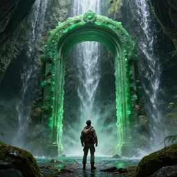 concept art, an explorer lookup up at a giant arched doorway made of green gel, deep underground waterfalls, beautiful matte painting, ultra detailed, 8 k render