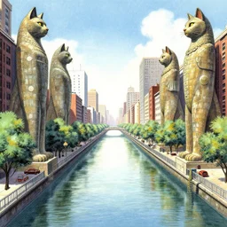A beautiful illustration of a River canal city guarded by massive statues of anthropomorphic Feline gods by Robert McCall and Ralph McQuarrie | sparth:.2 | Time white:.2 | Rodney Matthews:.2 | Graphic Novel, Visual Novel, Colored Pencil, Comic Book:.5 | unreal engine:.3 | establishing shot:.7