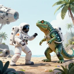 a beautiful illustration of an astronaut fighting a lizard monster near a crashed space ship on a strange tropical world by Ralph McQuarrie| sparth:.4 | Tim white:.2 | Rodney Mathews:.1 | Graphic Novel, Visual Novel, Colored Pencil, Comic Book:.2