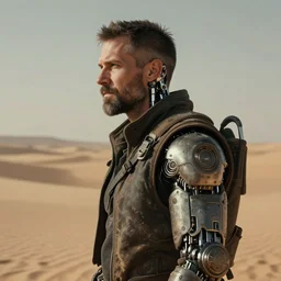 a rugged middle aged engineer man with cybernetic enhancements and sidecut in the desert, scifi character portrait by greg rutkowski, esuthio, craig mullins, short beard, green eyes, 1 / 4 headshot, cinematic lighting, dystopian scifi gear, gloomy, profile picture, mechanical, half robot, implants, steampunk
