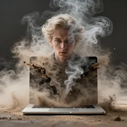 a portrait of a macbook disintegration in dust and smoke, cinematic photography, smoke rising like clouds, beautifully symmetrical, super resolution, cgi, volumetric lighting & shadows, hyper detailed, 8 k, unreal engine,