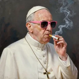 Pope smoking a joint wearing pink sunglasses oil painting of Sebastian Murphy