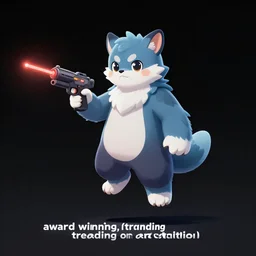 “ furry monster character holding laser gun, floating alone, with a black dark background, digital art, award winning, trending on art station ”