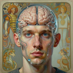 realistic extremely detailed portrait painting of an average man with exposed clear brain case:10, retro futuristic ,water water, by Stanisław Szukalski and beeple,Jean Delville, Amano,Yves Tanguy, Alphonse Mucha, Ernst Haeckel, Edward Robert Hughes, Roger Dean, rich moody colors, blue eyes,octane render,4k,f32