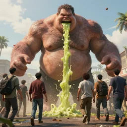 cinematography picture of giant fat monster with human skin, unleashing his puke at the walking humans, unreal engine 5, ps5, hyperrealistic, photography, fat thumbs, highly detailed, 8k