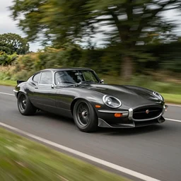 award winning photo of an ultra detailed high quality electric!! jaguar e - type!! car, with carbon fiber wrap, low suspension, speeding very fast along an english country road, fast shutter speed, motion blur, tiny gaussian blur, highly detailed, highly intricate, depth of field, trending on top gear, full car body, wide angle lens