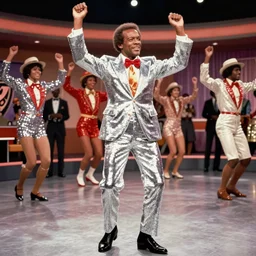 Richard Nixon in 70s disco fashion dancing in the show Soul Train 1971