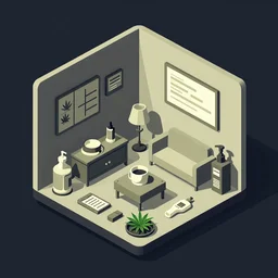 room of cannabis paraphernalia isometric vector illustration minimalist by earle, eyvind render in octane