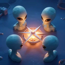 blownout photo of 4 alien heads 4 points, like a compass, composing illuminated space station, outside shot, 2 0 0 1, blue - orange long hair, by jack kirby, jack gaughan, virgil finlay, alberto bontempi, shigeru komatsuzaki, wayne d barlowe, alex ross, enric torres, simon bisley & boris vallejo,