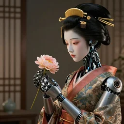 robot geisha staring at a flower, fluent composition, concept art, ambient light, 4 k, intricate details, highly professionally detailed, cgsociety, highly detailed -
