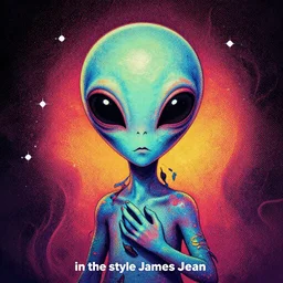 “painted alien creature, dotart, album art in the style of James Jean”