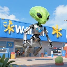 a highly detailed render of robot aliens landing at walmart, Simon Stalenhag, featured on Artstation