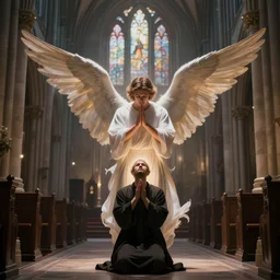 angel protecting man who is praying inside a gothic church, dreams style
