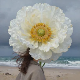 closeup, massive flower head, a girl on beach, surreal photography, wind and cold, dramatic sky, impressionist painting, digital painting, artstation, simon stalenhag