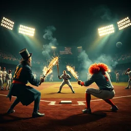 magicians playing baseball against a team of clowns, realistic 4 k octane beautifully detailed render, 4 k post - processing, highly detailed, intricate complexity, epic composition, magical atmosphere, cinematic lighting, masterpiece, ultra hd
