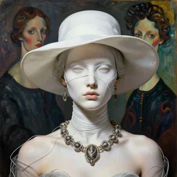seed 2 9 6 0 8 7 8 6 2 8 in style of rembrandt futuristic portrait with hat made by wires and white silk twisted around her face, necklace made by wires, design by leonardo davinci, inspired by egon schiele, modern art, baroque art jewelry, new classic, hyper realistic, cinematic composition, cinematic lighting, fashion design, concept art, hdri, 4 k