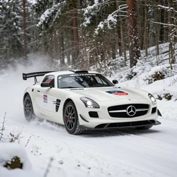 a 2 0 1 1 mercedes - benz sls amg gt 3, racing through a rally stage in a snowy forest
