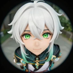 white - haired young guy with green eyes, anime, genshin impact, very close shot, fisheye, high barrel distortion