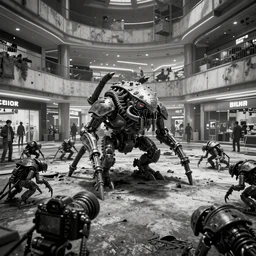 camera footage of a Zerglings in an abandoned shopping mall, high exposure, dark, monochrome, camera, Unreal engine 5, grainy, CCTV, security camera footage, timestamp, zoomed in, fish-eye lens, Evil, Zerg, Brood, spider, horrifying, lunging at camera :4