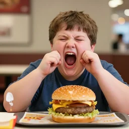 a small fat boy screams in hysteria wants to eat macdonalds for free and become burger