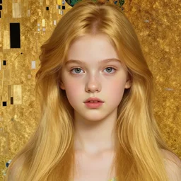 incredibly beautiful realistic portrait of a gorgeus young girl by klimt. Young girl long hair. Golden
