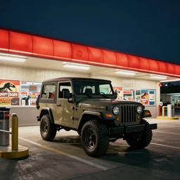 the jeep from Jurassic Park waiting at a drive thru at night, wide angle photograph, high resolution
