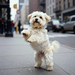 “cream colored havanese dog break dancing in New York, 1988, 25mm Kodachrome photography”