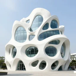 white architecture inspired by coral, organic shape, glass windows filling the voids