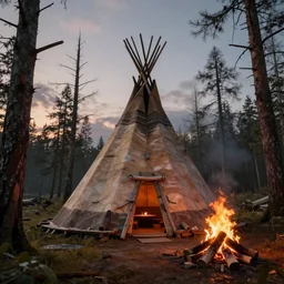 longhouse, campfire, teepee, very detailed, octane render, realistic, 8 k, unreal engine 5, dramatic, volumetric, dead trees, dusk, greg rutkowski
