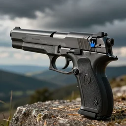 gun with a blue crown logo on it