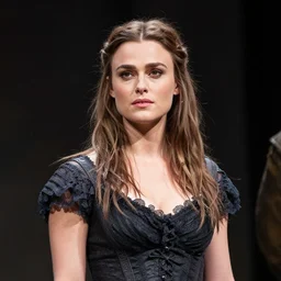 a photograph of Keira Knightley from the stage production of The Tempest taken with Nikon D3500, 4K UHD, high detail, photo realistic