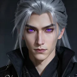 portrait of a young man with purple eyes, dressed in a black cloak, silver hair with black streaks, purple coloured eyes, detailed face, fantasy, highly detailed, cinematic lighting, digital art painting by greg rutkowski