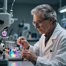 Year 2150. Old while male Gray-haired scientist working in the laboratory wering glasses highly detailed human face. Samples of the glowing colourful anti matter in the test tubes displayed on his working station. Westworld movie style, ultrarealistic