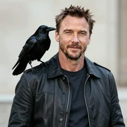 russell crowe with a crow on his shoulder, 8 k,