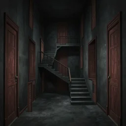 a dark hallway with many doors and many stairs, Mc Escher architecture, epic composition, by Junji Ito