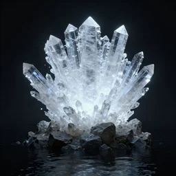 octane render uhd, 8 k art photography, filmic lighting, cinematic art shot, hyperrealistic, hyperdetailed, super detailed, 8 k, high resolution, mysterious strangle glowing crystalline structure made of white rocks in the far distance, 8 k uhd photography by ross tran and ivan aivazovsky, black water, midnight