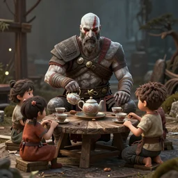 god of war having a tea party with little kids, digital painting, 3 d, octane render, accurate