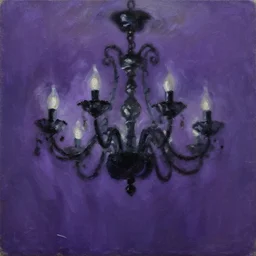 oil painting of a monstrous black chandelier swinging and moving violently to the foreground of the painting, dynamic movement, deep purple background, chiaroscuro, automatism, tachisme, violence, heavy impasto technique, painterly dynamism, iridescence iridescent gradient, gaussian blur desaturated, palette knife, vintage matte painting