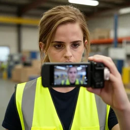 photo, close up, emma watson in a hi vis vest, in warehouse, android cameraphone, still from industrial training video, 2 6 mm,