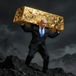 Benjamin Netanyahu carrying large chunks of gold on his shoulders up a black mountain in hell, dark sky, by Franz Stuck