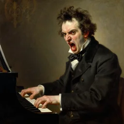 very angry franz schubert playing piano and screaming loudly, a very detailed oil painting, by josef kriehuber, classical oil painting, fine artstyle, from louvre