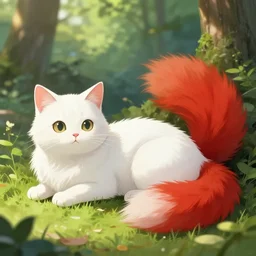 white cat with fluffy red tail like fox tail lying at sunny forest, high detailed, hyper realistic, octane engine, anime illustration, ray tracing