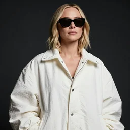 detailed attractive characther portrait of carey mulligan wearing oversized nilon white luxury jacket and wearing sunglasses, realistic, wide angle, dramatic light 8 k