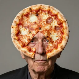 studio portrait of old man with a perfectly round head, shaped like a pizza, with a small face sticking through the center of a pizza margherita, disturbing reality, shocking revelation, unsettling, extremely detailed, soft lighting, sharp close - up, droopy eyes, exhibition, masterpiece by eolo perfido