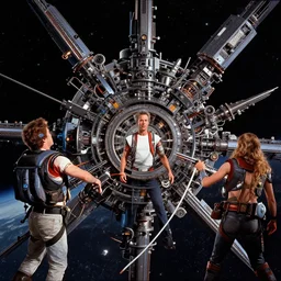 movie frame still from live action adaptation of pinup fighters from space, directed by steven spielberg, 8 k, vhs glitch, ultra wide angle, high contrast, zenith view, greg rutkowski, intrincate, highly detailed, ilm, oscar winning photography, dramatic lighting, greg nicotero, beautiful image